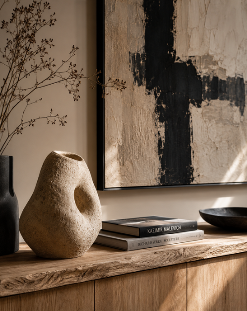 Objet sculptural en céramique avec bois
