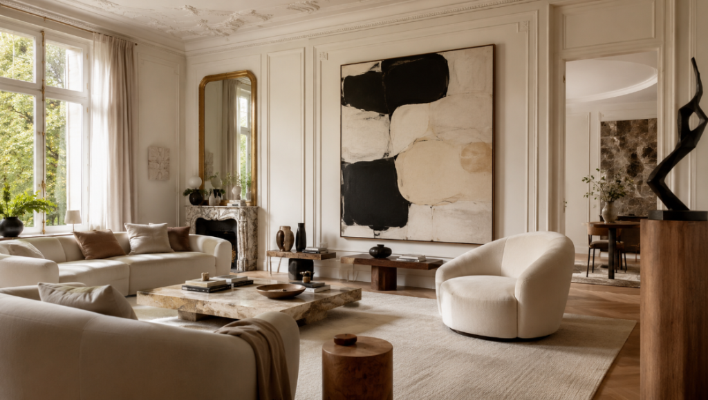 Art et architecture d’intérieur dans un salon contemporain lumineux