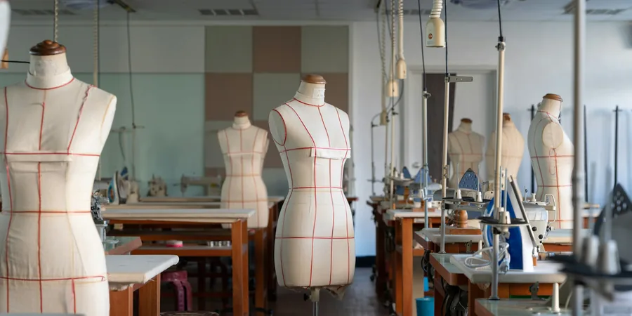 Mannequin de couture en atelier Atelier de couture avec mannequins habillés de toile et tables de travail