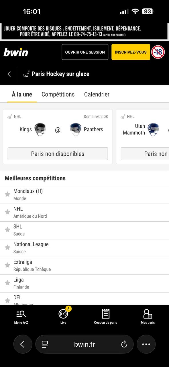 Application de paris sportif Hockey - BWin